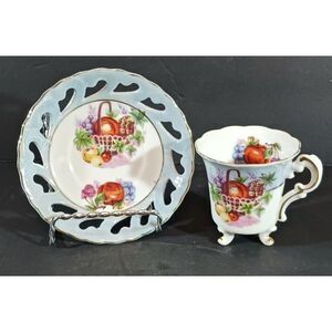 Very Fine CHINA TEA CUP RETICULATED SAUCER Dish FRUIT Lusterware Gold Trim N3107